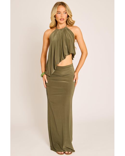 Rebellious Fashion Green Asymmetric Drape Halter Top And Maxi Skirt Co-Ord Set