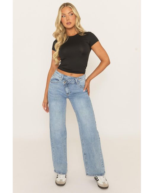 Rebellious Fashion Blue Mid Asymmetric Waist Wide Leg Denim Jeans