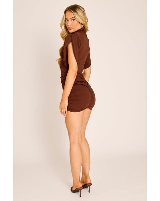 Rebellious Fashion Brown High Neck Ruched Mini Dress
