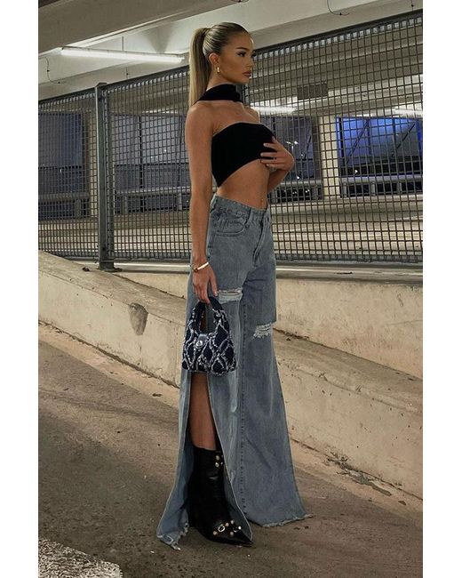 Rebellious Fashion Black Distressed Side Slit Wide Leg Jeans - Della