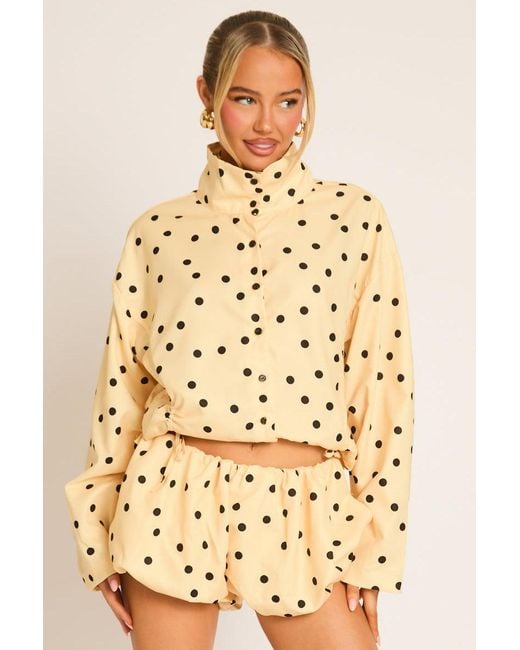Rebellious Fashion Natural High Neck Jacket And Puffball Shorts Co-Ord Set
