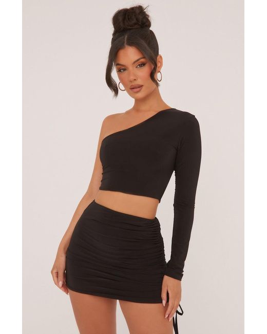 Rebellious Fashion Black One Shoulder Cropped Top & Mini Skirt Co-Ord Set