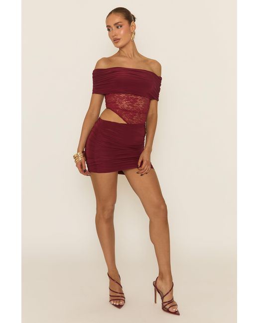 Rebellious Fashion Red Lace Bardot Top And Mini Skirt Co-Ord Set