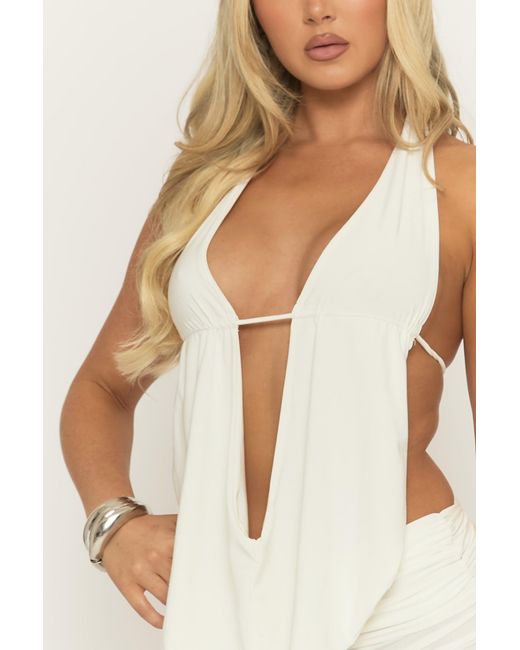 Rebellious Fashion White Slinky Plunge Top And Micro Short Co-Ord Set