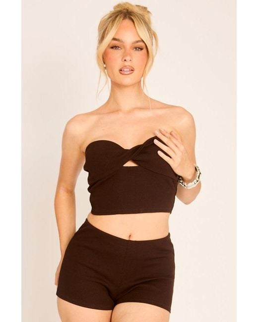 Rebellious Fashion Black Ribbed Twist Front Top And Shorts Co-Ord Set
