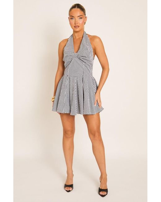 Rebellious Fashion Gray Gingham Pleated Skater Mini Dress