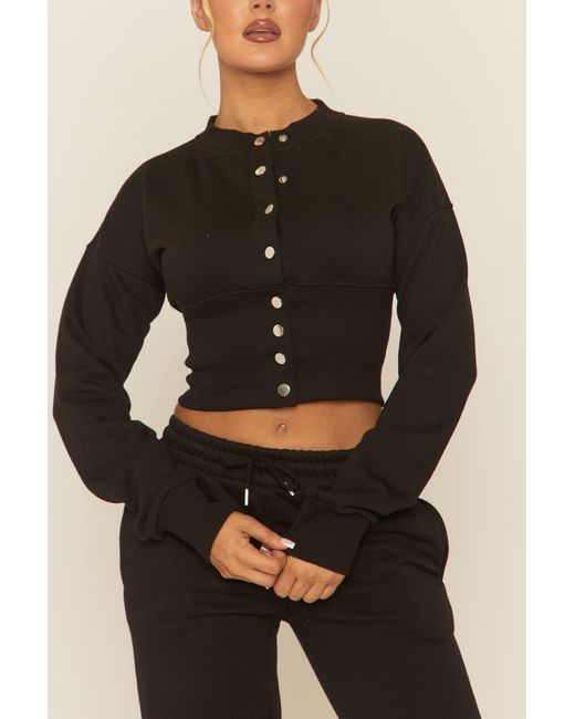 Rebellious Fashion Black Popper Front Cinched Waist Sweatshirt And Wide Leg Trousers Loungewear Co-Ord Set