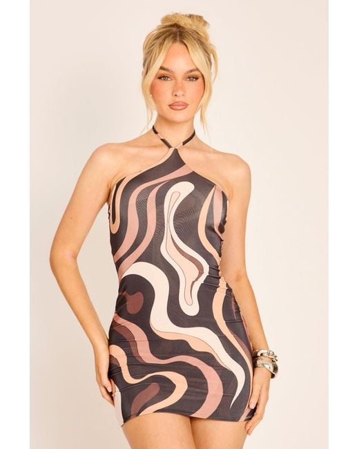 Rebellious Fashion Pink Abstract Print Halter Mini Dress