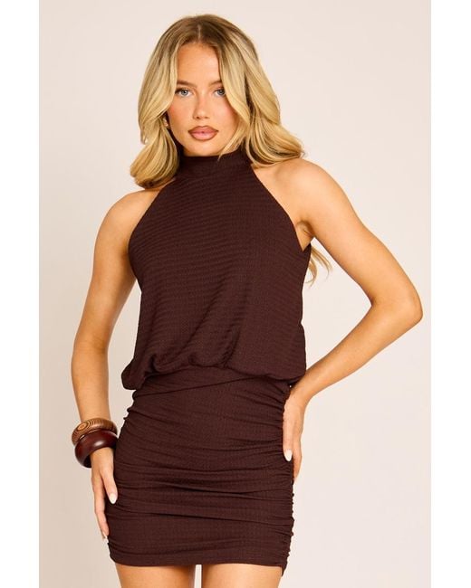 Rebellious Fashion Brown Textured Halter Blouson Mini Dress