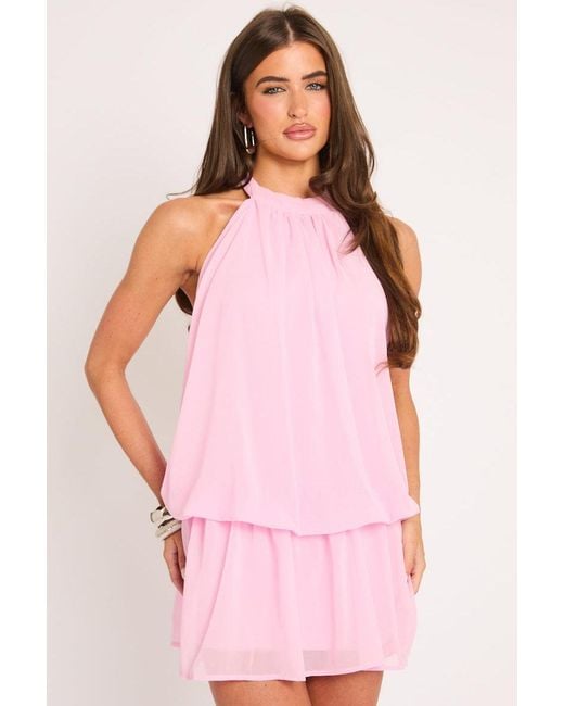 Rebellious Fashion Pink Halterneck Blouson Mini Dress