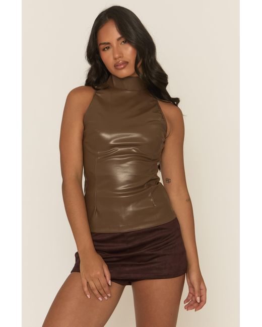Rebellious Fashion Brown Chocolate Faux Leather High Neck Top