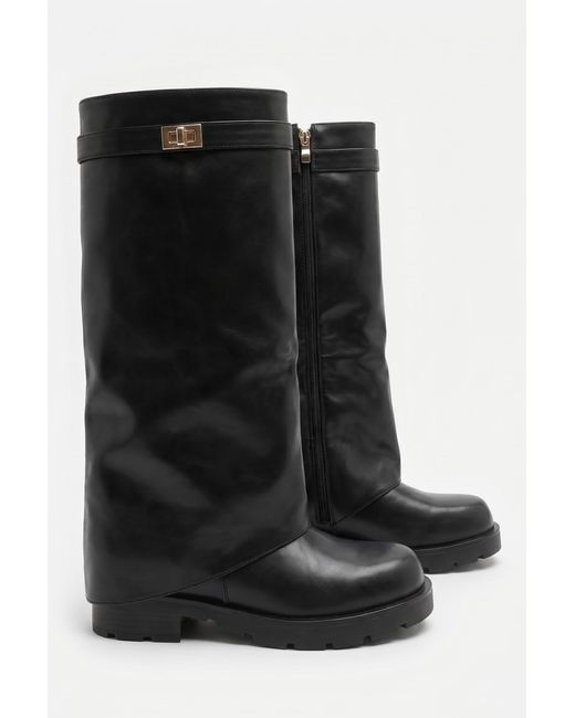 Rebellious Fashion Black Pu Trim Detail Layered Chunky Knee High Biker Boots