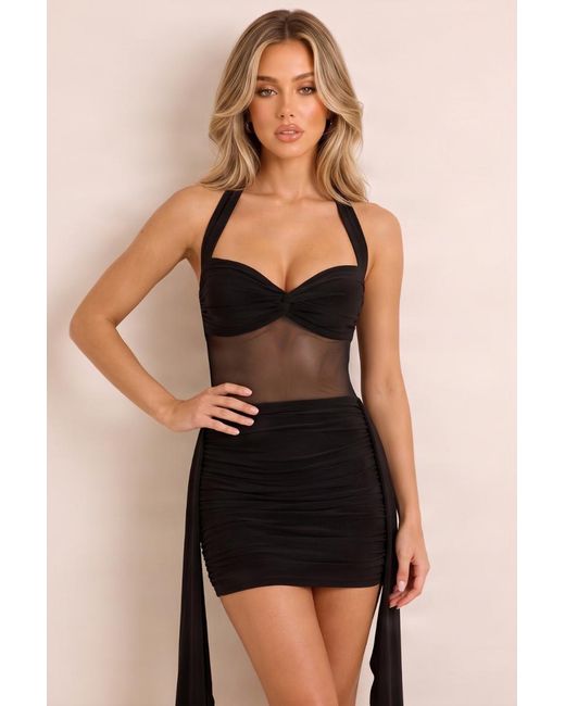 Rebellious Fashion Natural Slinky Mesh Insert Halterneck Mini Dress