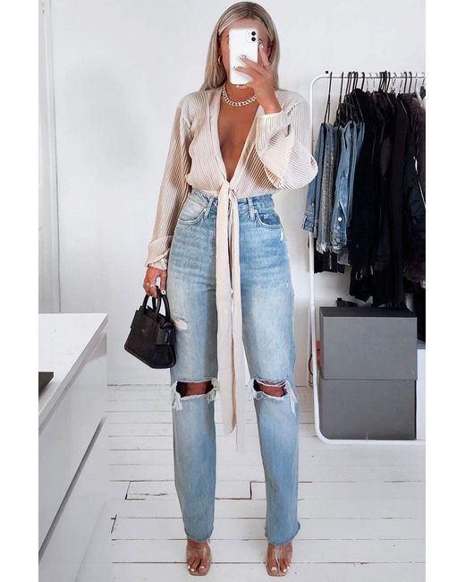 Rebellious Fashion Blue Mid Wash Denim Distressed Knee Extra Long Jeans