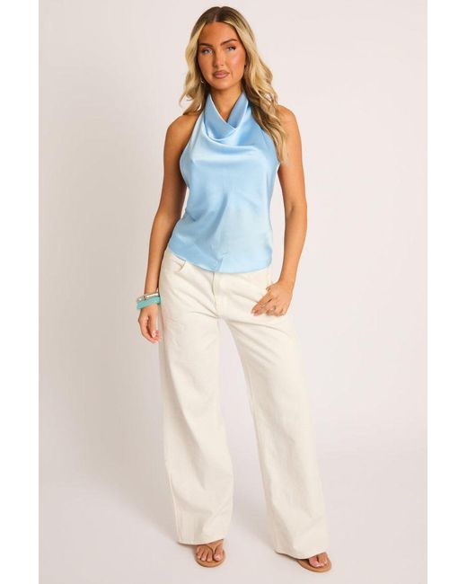 Rebellious Fashion Blue Satin High Neck Cowl Top
