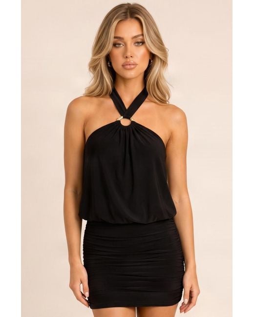Rebellious Fashion Black Trim Halterneck Mini Dress