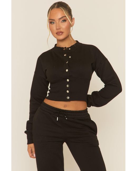 Rebellious Fashion Black Popper Front Cinched Waist Sweatshirt And Wide Leg Trousers Loungewear Co-Ord Set