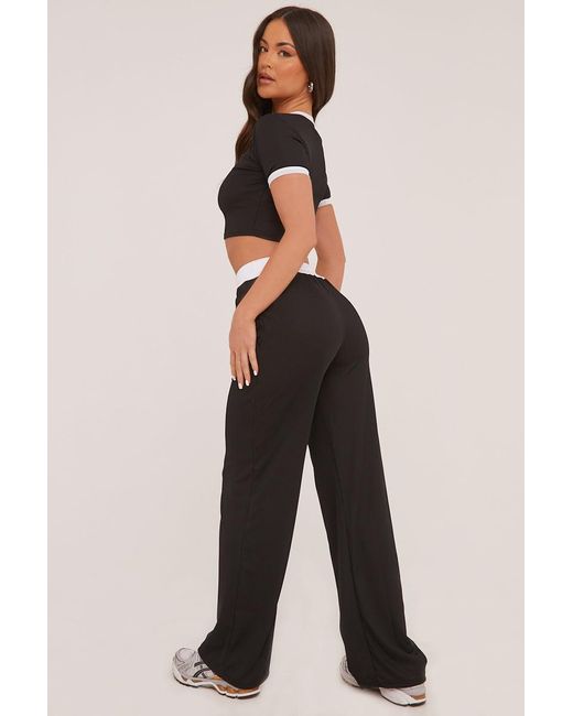 Rebellious Fashion Black Contrast Binding Cropped Top & Wide Leg Trousers Co-Ord Set