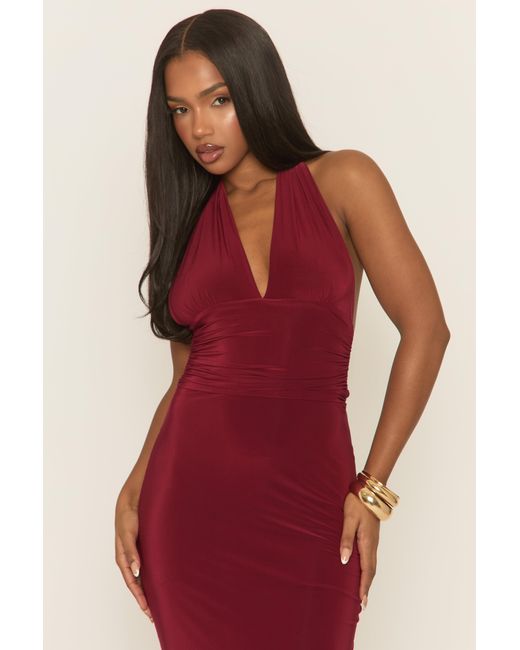 Rebellious Fashion Red Halterneck Tie Back Maxi Dress