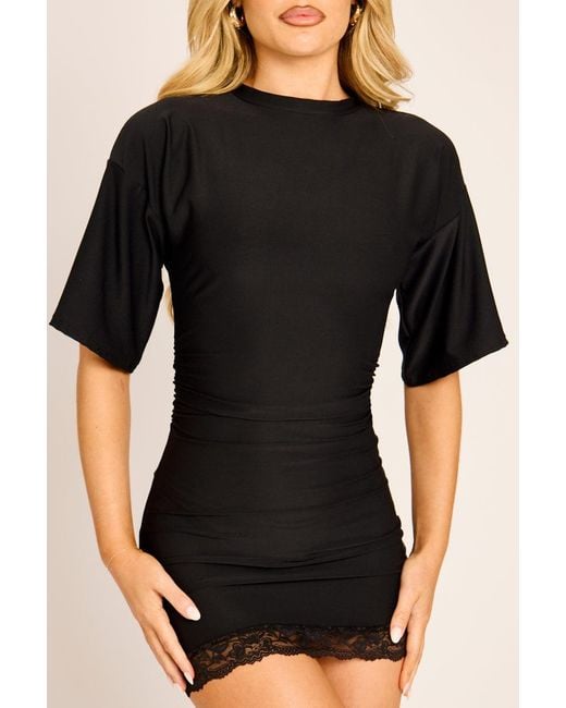 Rebellious Fashion Black Lace Trim T-Shirt Dress