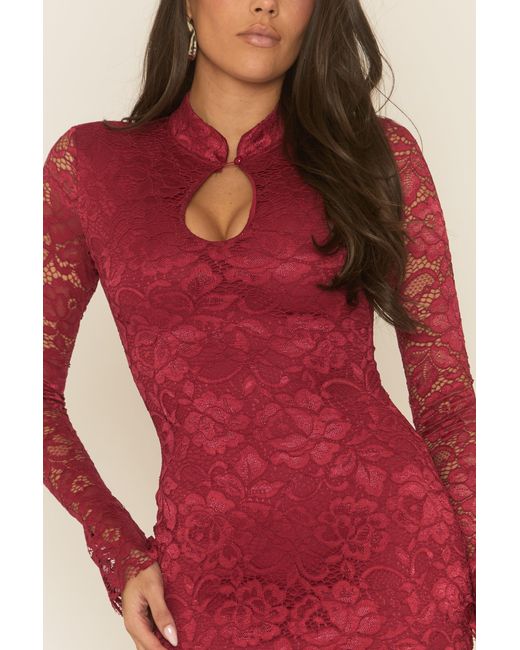 Rebellious Fashion Red Lace High Neck Mini Dress