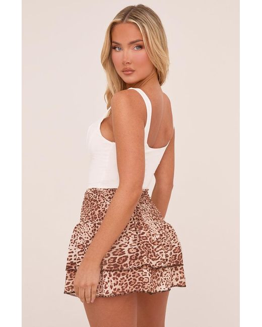 Rebellious Fashion Brown Leopard Print Shirring Detail Tiered Mini Skirt