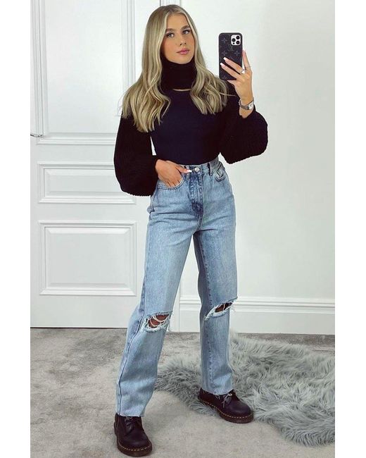 Rebellious Fashion Blue Mid Wash Denim Distressed Knee Extra Long Jeans