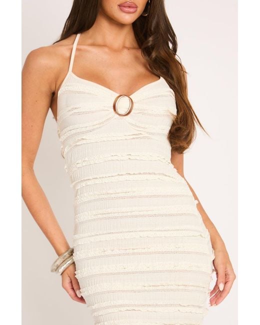 Rebellious Fashion Natural Ruffle Trim Detail Halter Maxi Dress