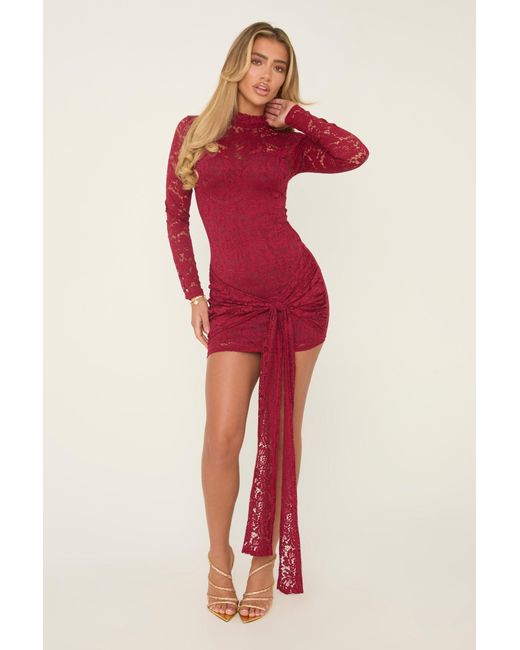 Rebellious Fashion Lace High Neck Tie Front Mini Dress in Red | Lyst UK