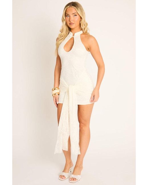 Rebellious Fashion Natural Lace High Neck Keyhole Tie Drape Mini Dress