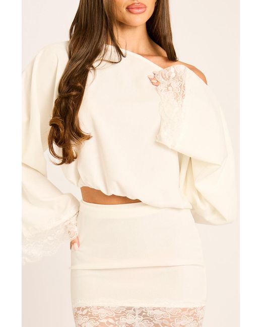 Rebellious Fashion Natural Off Shoulder Lace Trim Top And Mini Skirt Co-Ord Set