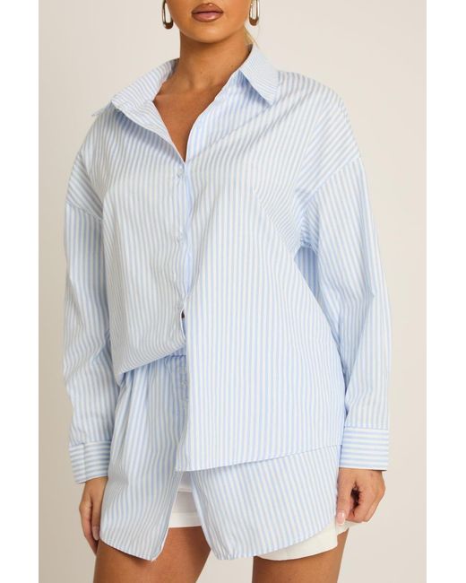 Rebellious Fashion Blue Stripe Button Up Shirt And Shorts Co-Ord Set