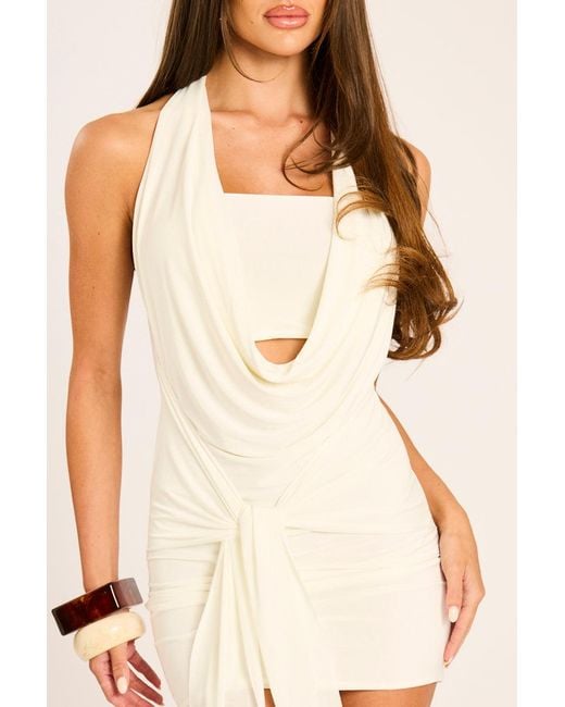 Rebellious Fashion Natural Cowl Neck Drape Mini Dress