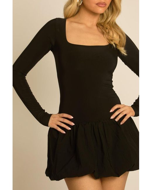 Rebellious Fashion Black Square Neck Long Sleeve Puffball Mini Dress
