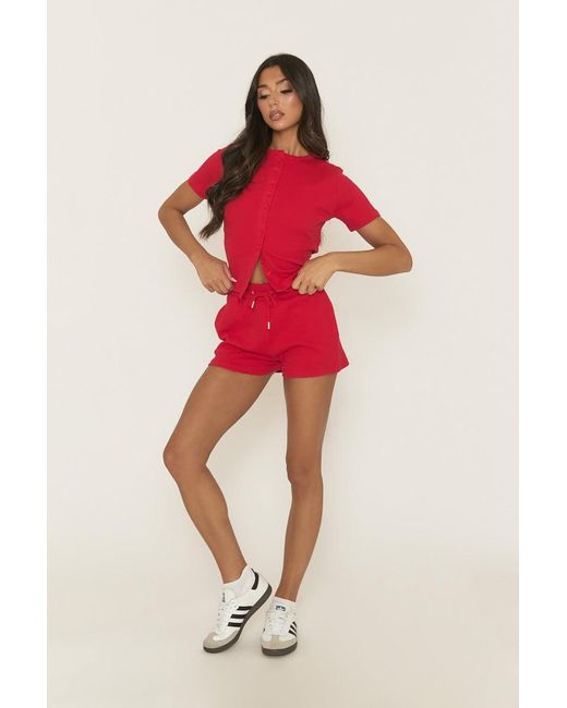 Rebellious Fashion Red Rib Button Front Top And Short Loungewear Co-Ord Set
