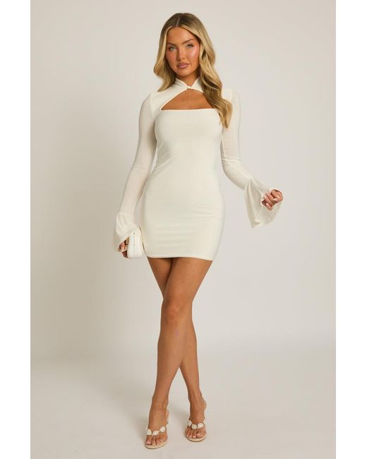 Rebellious Fashion Natural High Neck Long Sleeve Mini Dress