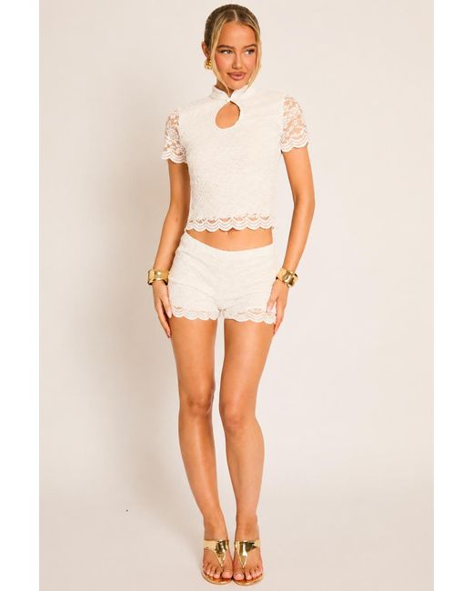 Rebellious Fashion Natural Lace Scallop Hem Keyhole Top And Shorts Co-Ord Set