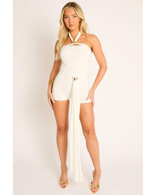 Rebellious Fashion White Trim Drape Detail Halterneck Playsuit