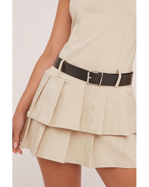 Rebellious Fashion Natural Pleated Belt Detail Mini Dress