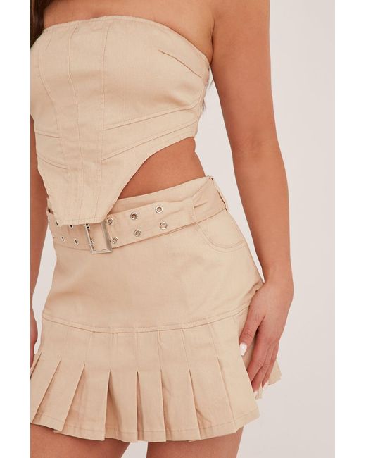 Rebellious Fashion Natural Corset Detail Cropped Top & Pleated Mini Skirt Co-Ord Set