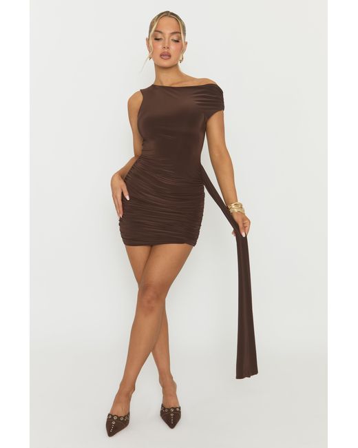 Rebellious Fashion Brown Slinky Off Shoulder Drape Mini Dress