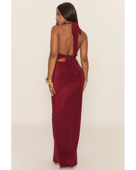 Rebellious Fashion Red Halterneck Tie Back Maxi Dress