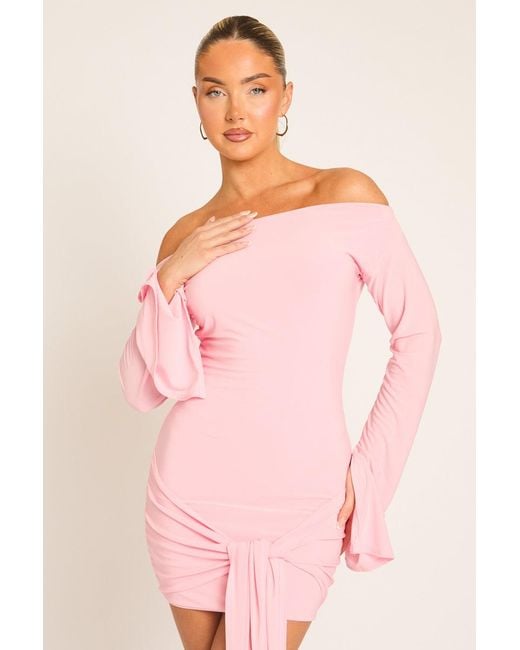 Rebellious Fashion Pink Long Flared Sleeves Drape Detail Bodycon Mini Dress
