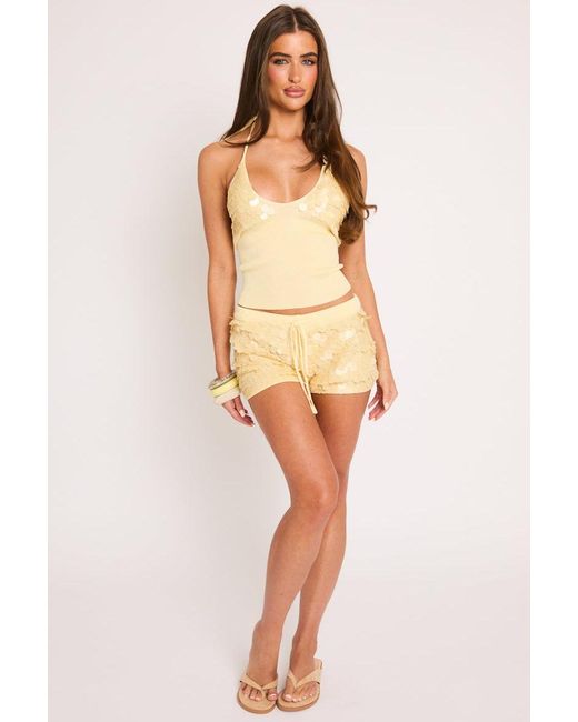 Rebellious Fashion Natural Knit Sequin Halter Top And Shorts Set