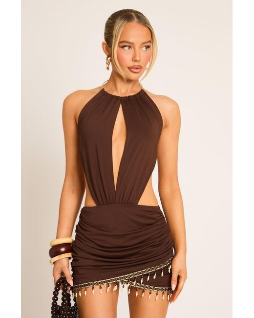 Rebellious Fashion Brown Bead Trim Mini Dress