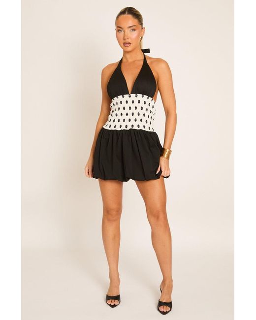 Rebellious Fashion Black Polka Dot Shirred Waist Mini Dress