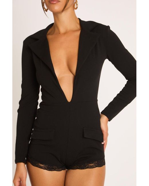 Rebellious Fashion Black Plunge Lace Detail Blazer Playsuit