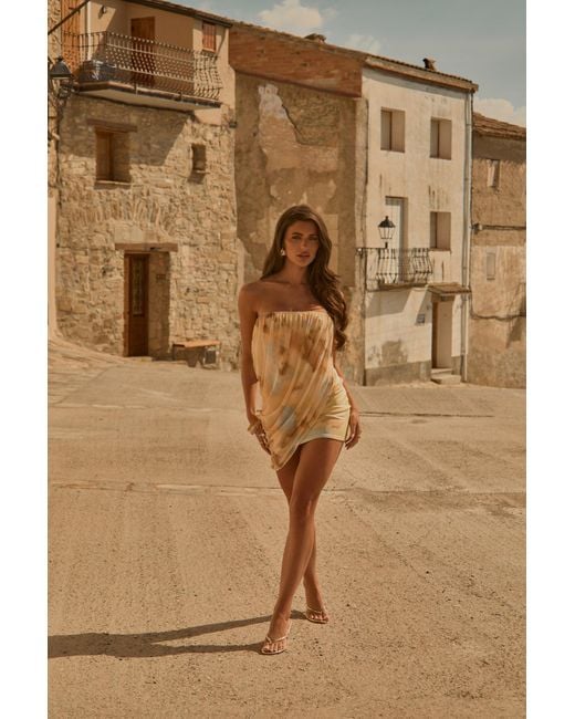 Rebellious Fashion Brown Abstract Print Bandeau Mesh Overlay Mini Dress