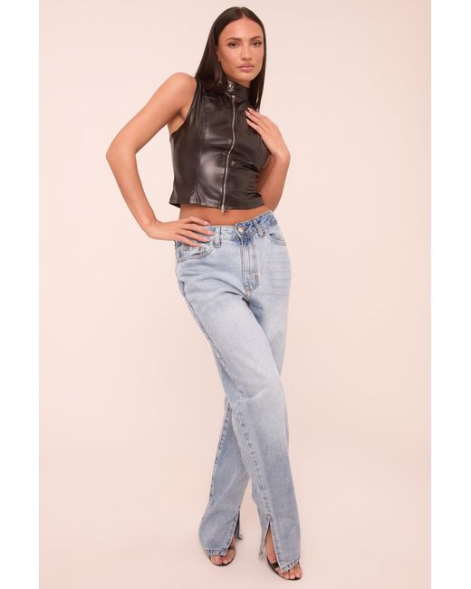 Rebellious Fashion Black Mid Wash Straight Leg Side Split Hem Jeans