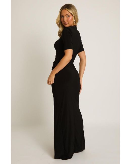 Rebellious Fashion Black Split Front Shoulder Pad Maxi Dress
